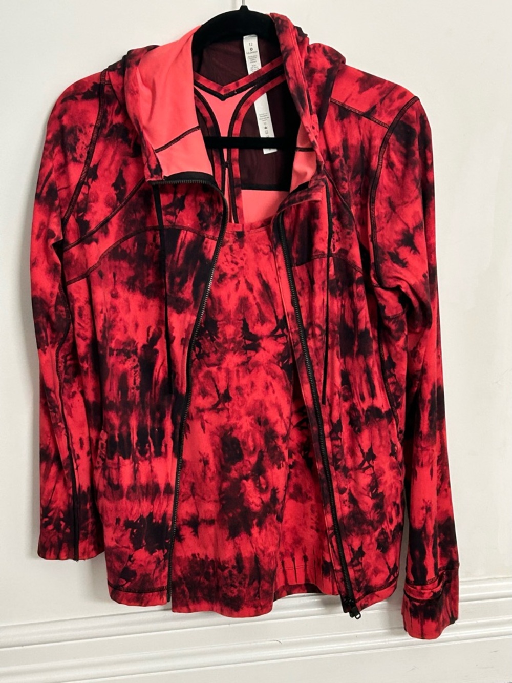 Lululemon Black/Red Tie-Dye Zip up Hoodie and Matching Tank. Size 12. Like New